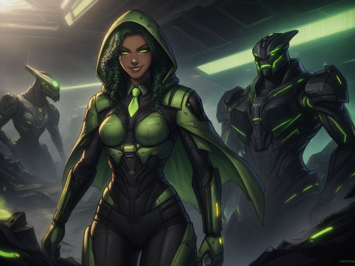 Dark Ebony Skin, Explosions Casting Green Light, Alien Drones Hovering At Sides With Neon Lenses AI 포르노