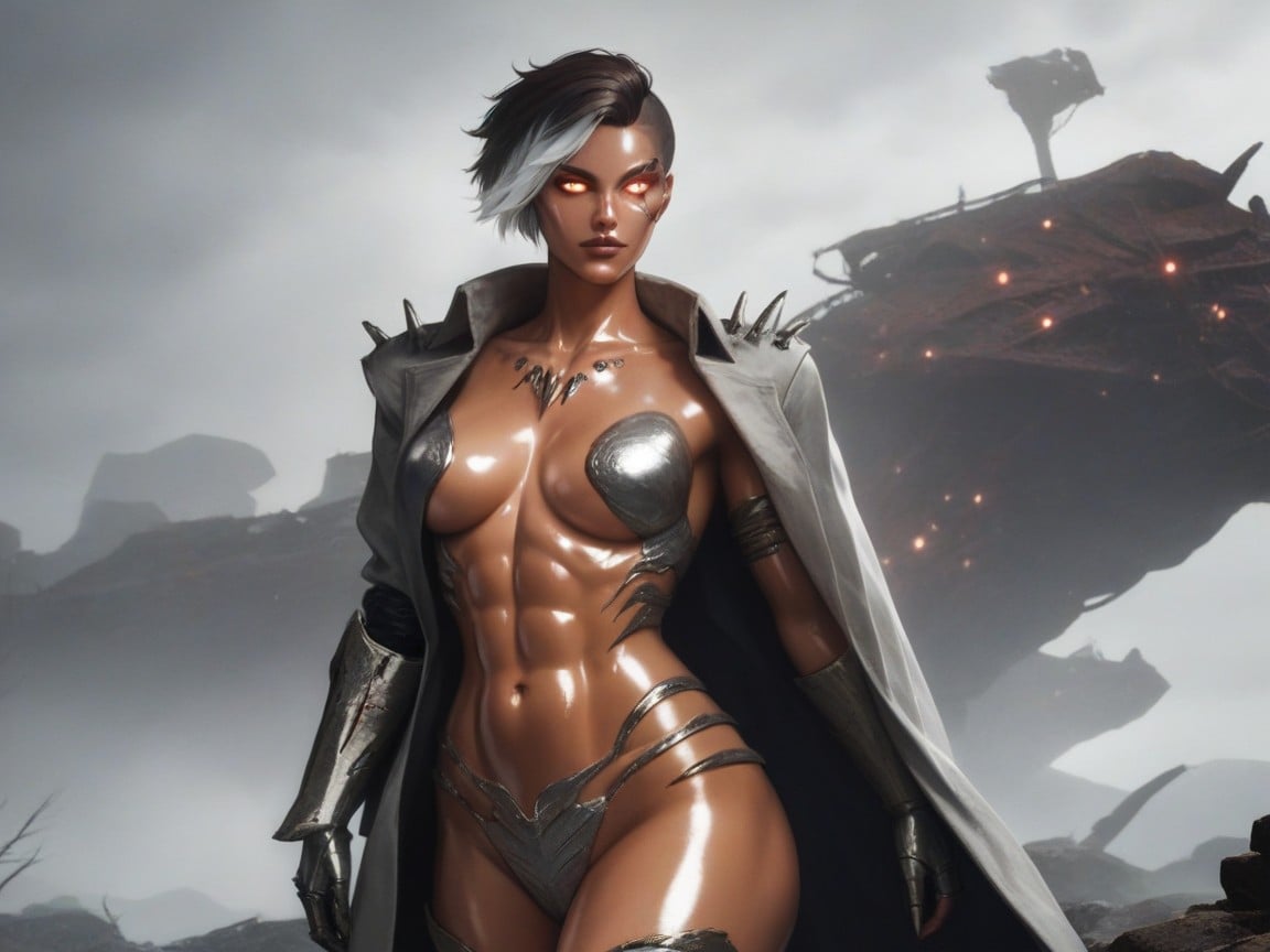 One Woman, Squared Torso, Vibrant Saturated Silvers Hentai AI Porn