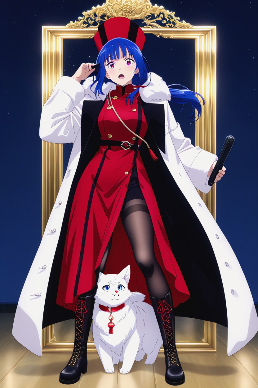 Knee Length Dress, Grabbing The Hat, White Fur Coat AI 포르노