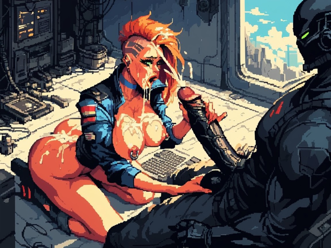 Moaning Face, Extremely Beautiful Cyberpunk Bimbo, Grabbing Balls AI 포르노