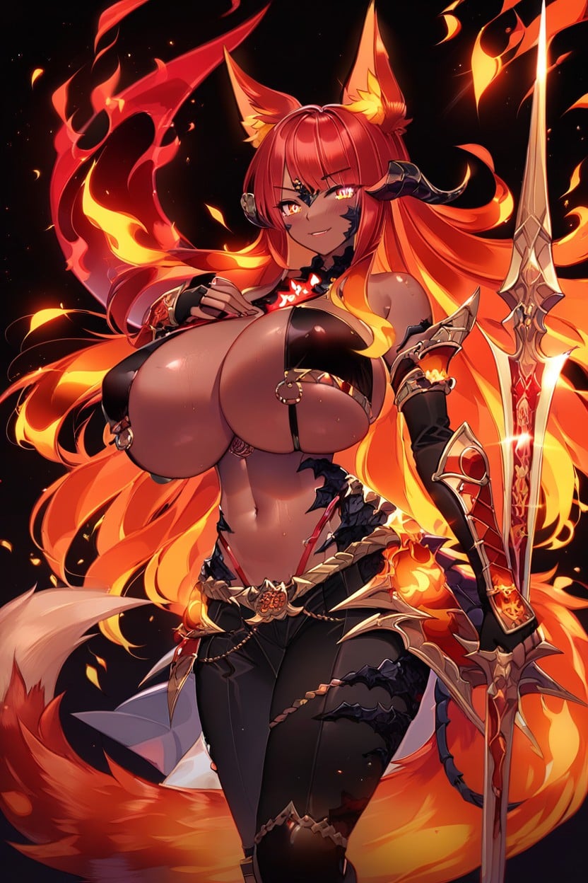 Hyper Breasts, Gold Au'ra Horns, Huge Fiery Fox Tail Porno IA Ebony