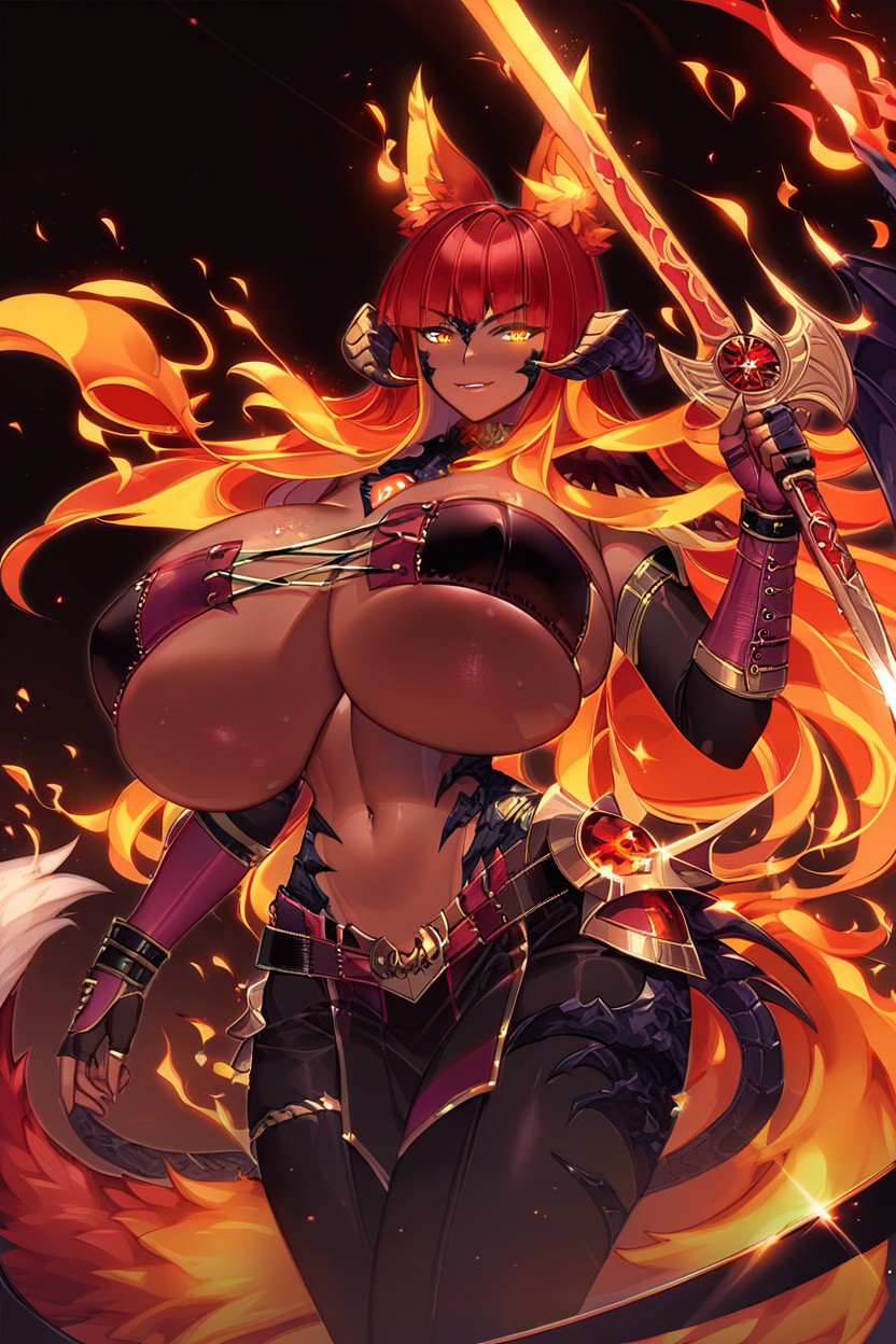 Fiery Flame Shaped Cuirass On Chest, Giant Hangers, Gold Au'ra Horns Ebony AI Porn