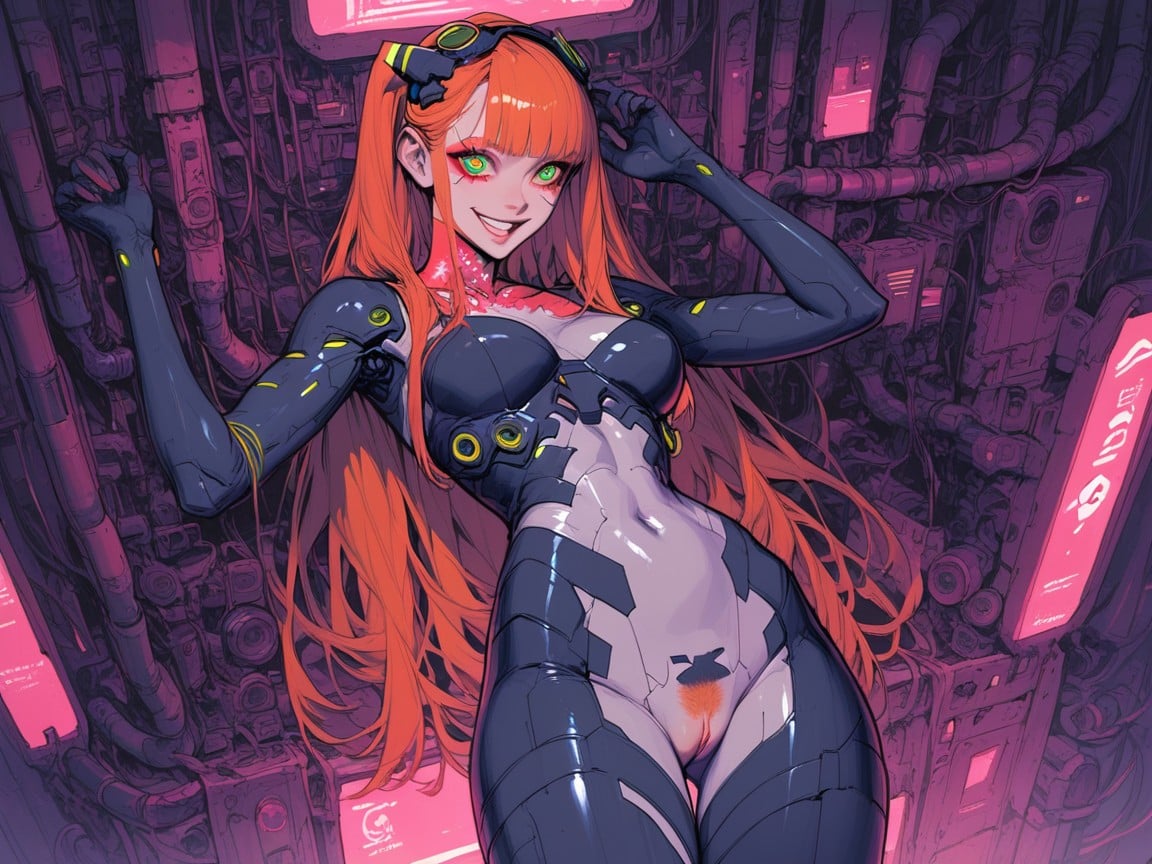 Very Long Hair, Glowing Metal Cables Fucking Her, Perfect Anatomy Hentai AI Porn