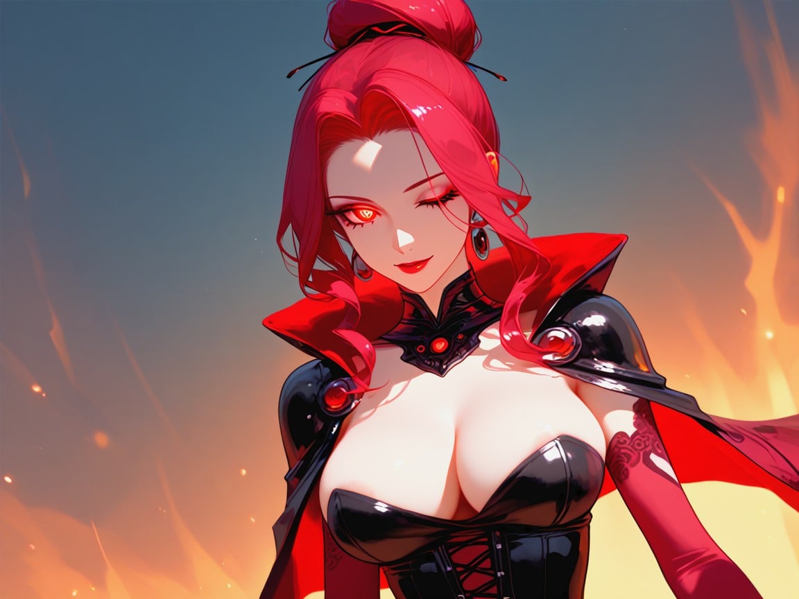 Upturned Eyes With Red Sharp Eyeliner And Wing Tips, Breast Implants, Apocalyptic Battlefield Latina AI Porn