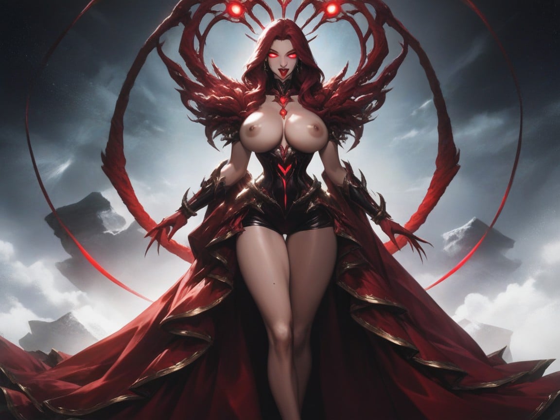 Low Waist Length, Vibrant Saturated Crimson And Black Tones, Detailed Alien Features Hentai AI Porn