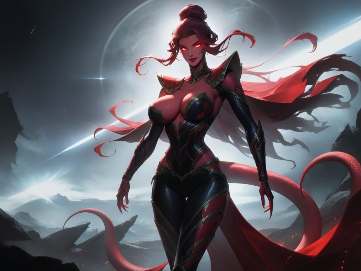 Woman Standing On Alien Monolith, Radiant Burning Horizon, Dark Red Hair Hentai AI Porn