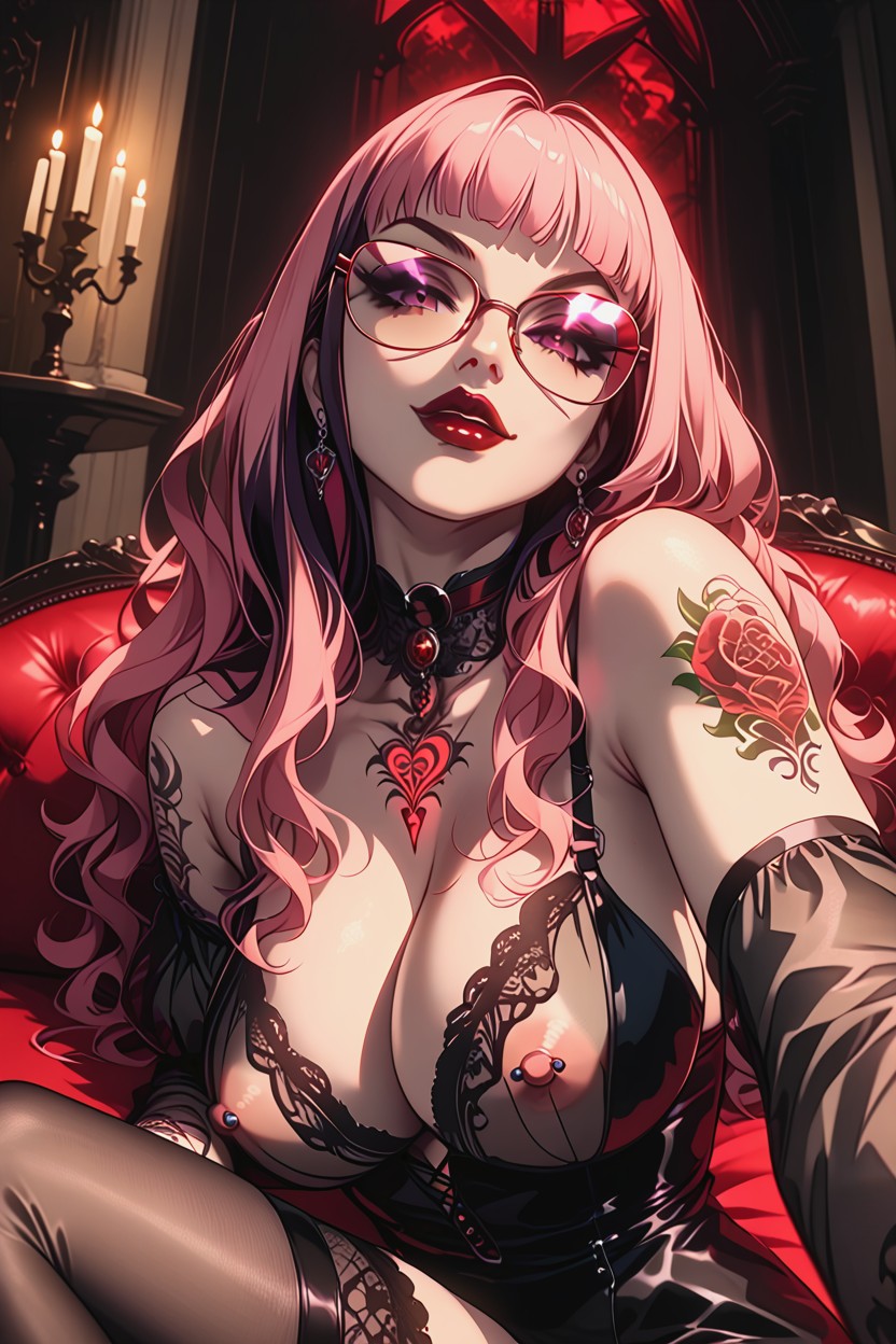 One Leg Draped Over The Armrest, Violet Eyes, Sexy Glasses Hentai AI Porn