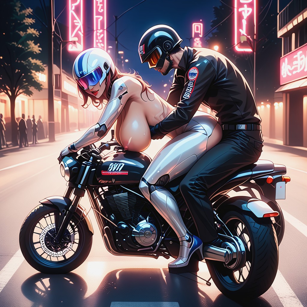 Riding Motorcycle, Large Woman, 2 People Hentai AI Porn