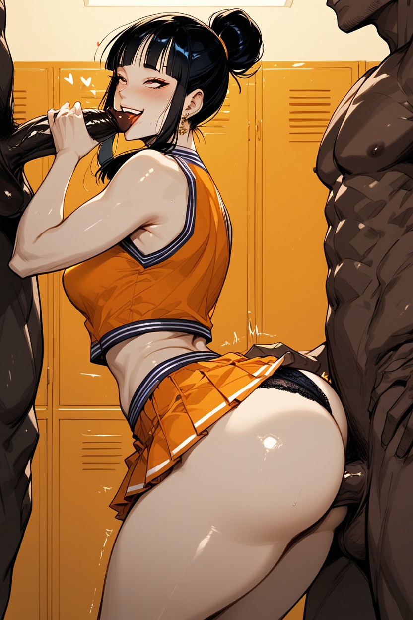 Small Breasts, Orange Cheerleader Skirt, Black Football Player Hentai AI Porn