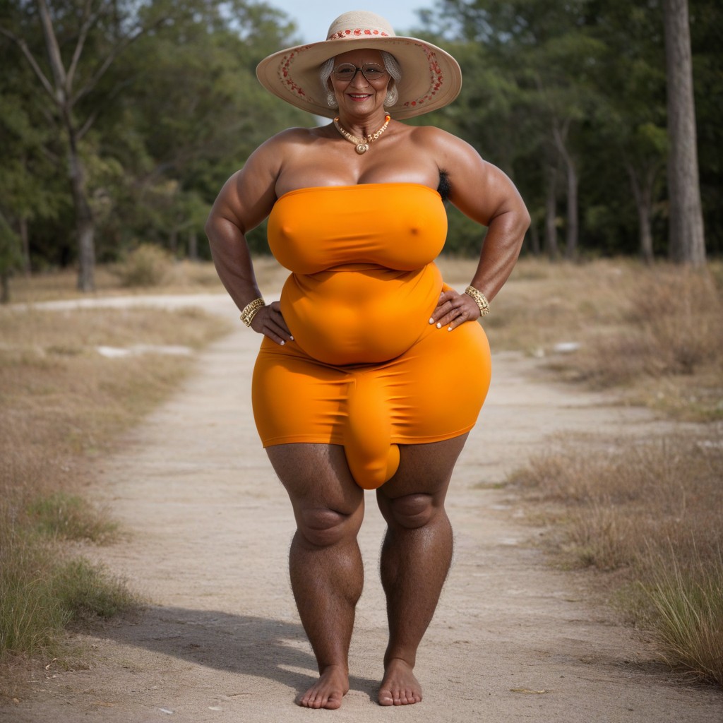 Futunari, Large Hyper Hips, Thick Cock Cover By A Long Orange Dress AI Porn