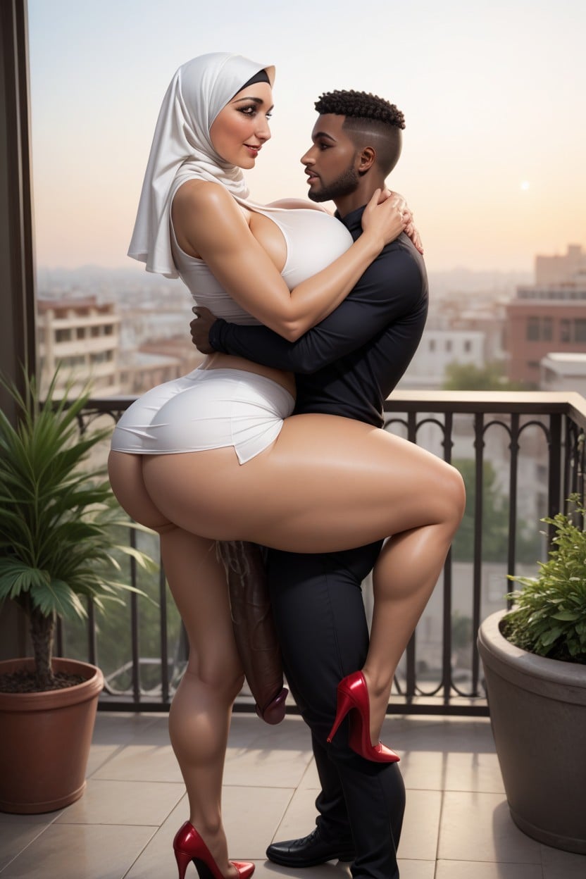 Woman Wearing White Colour Hijab, White Colour Skirt, Big Gigantic Large Round Boobs Hentai AI Porn