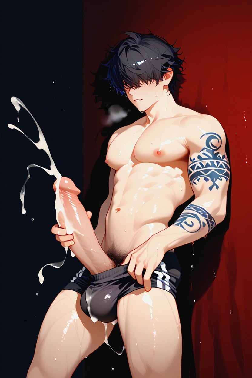 Long Black Hair Covering Eyes, Thick Veined Cock, Messy Hair AI Gay Porn
