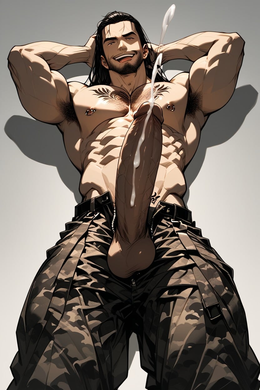 Stubble Full Beard, Covered In Cum, Grabbing Cock AI Gay Porn