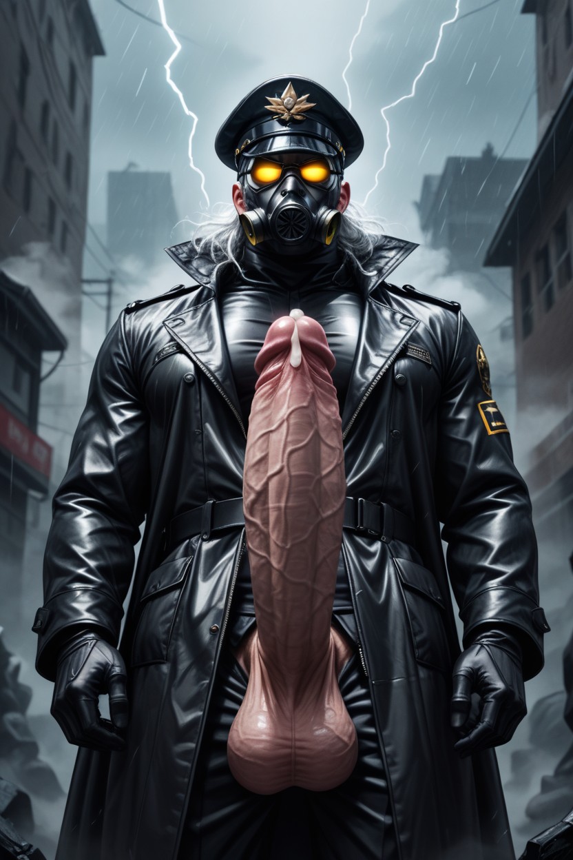 Cock Extra Thick, Intimidating Aura The Overall Mood Is Dark, A Menacing Male Figure With No Hair Stands In The Rain AI Porn
