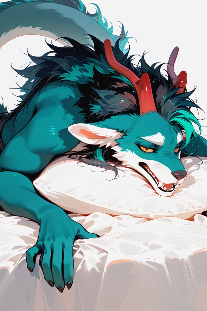White Bedsheets, Lean Body, Teal Body Furry AI Porn