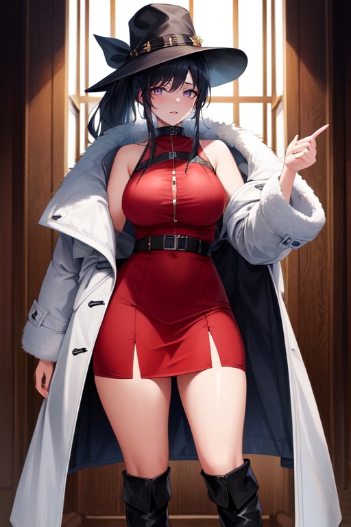 Wide Brim Hat, Strappless Dress, Crimson Wide Brim Hat AI Porn