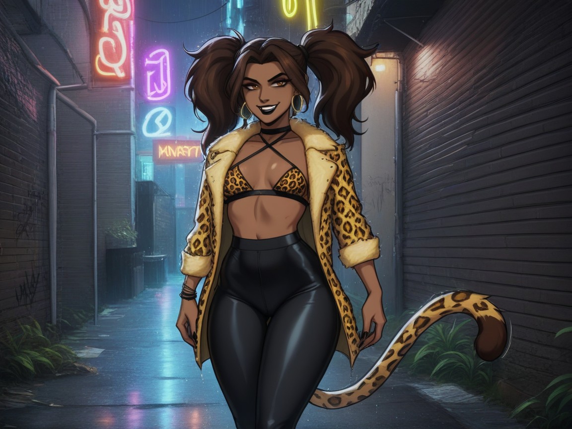 Dark Brown Skin, Gritty Urban Backdrop, Mischievous Pretty Face Hentai AI Porn