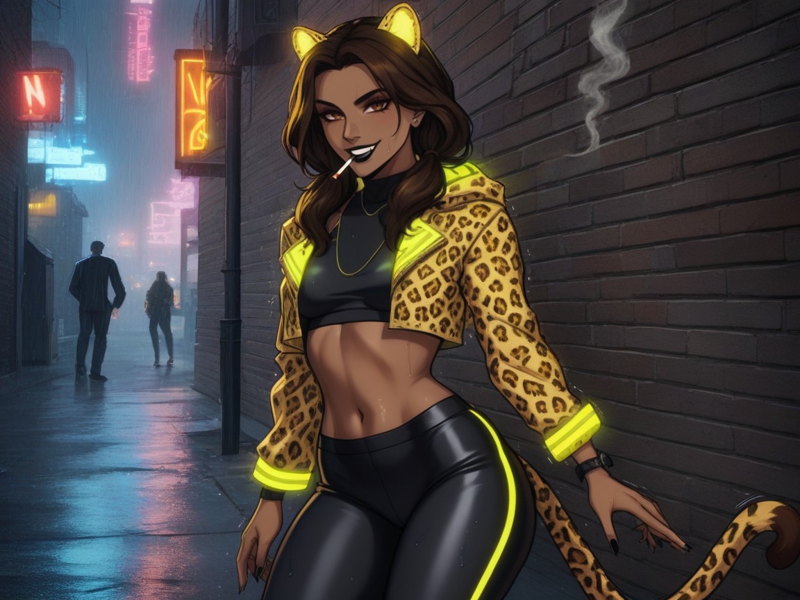 1 Person, Wet Pavement, Neon Alley With Graffiti Walls Hentai AI Porn