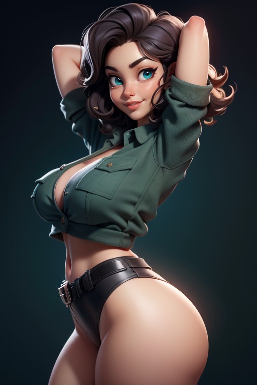 Looking At Viewer, Green Army Shirt With Sleeves Rolled Up, Naked Hentai AI Porn