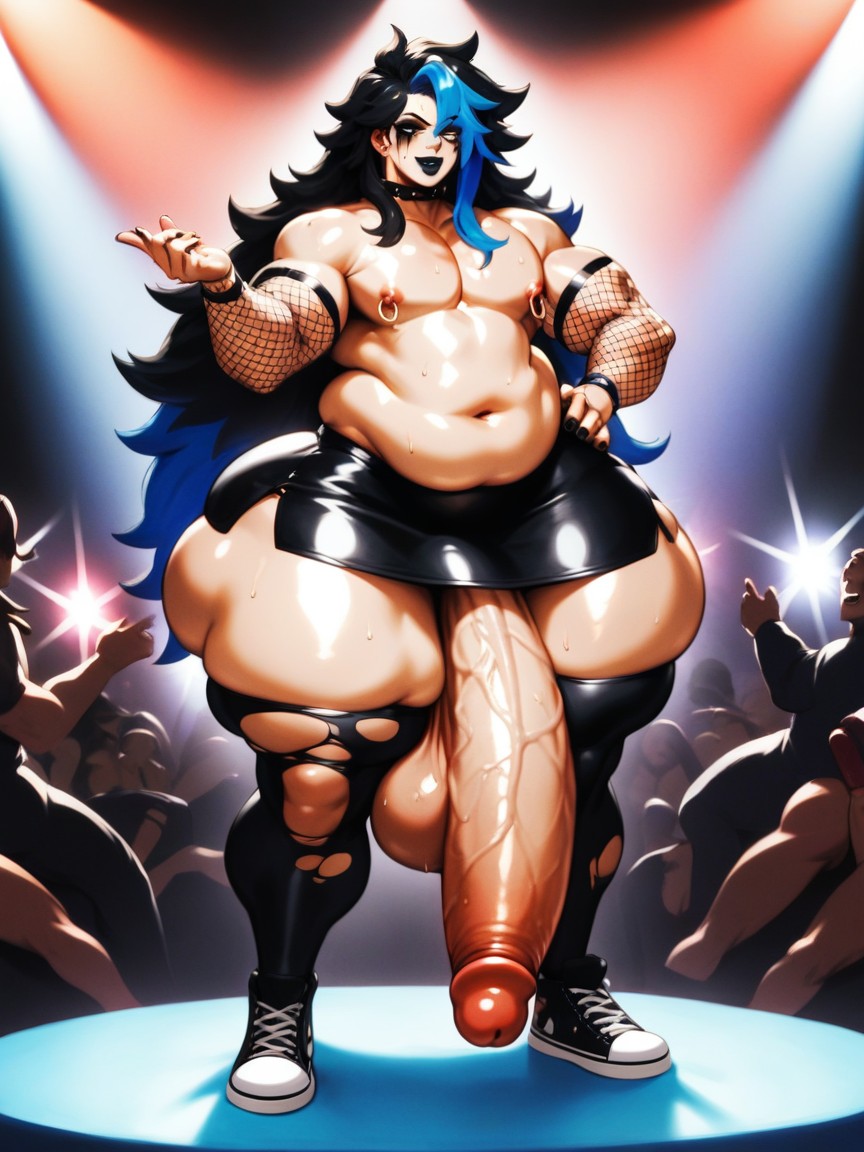 Black Hair With Blue Highlights, Thick Body, Extremely Large Ass AI Gay Porn