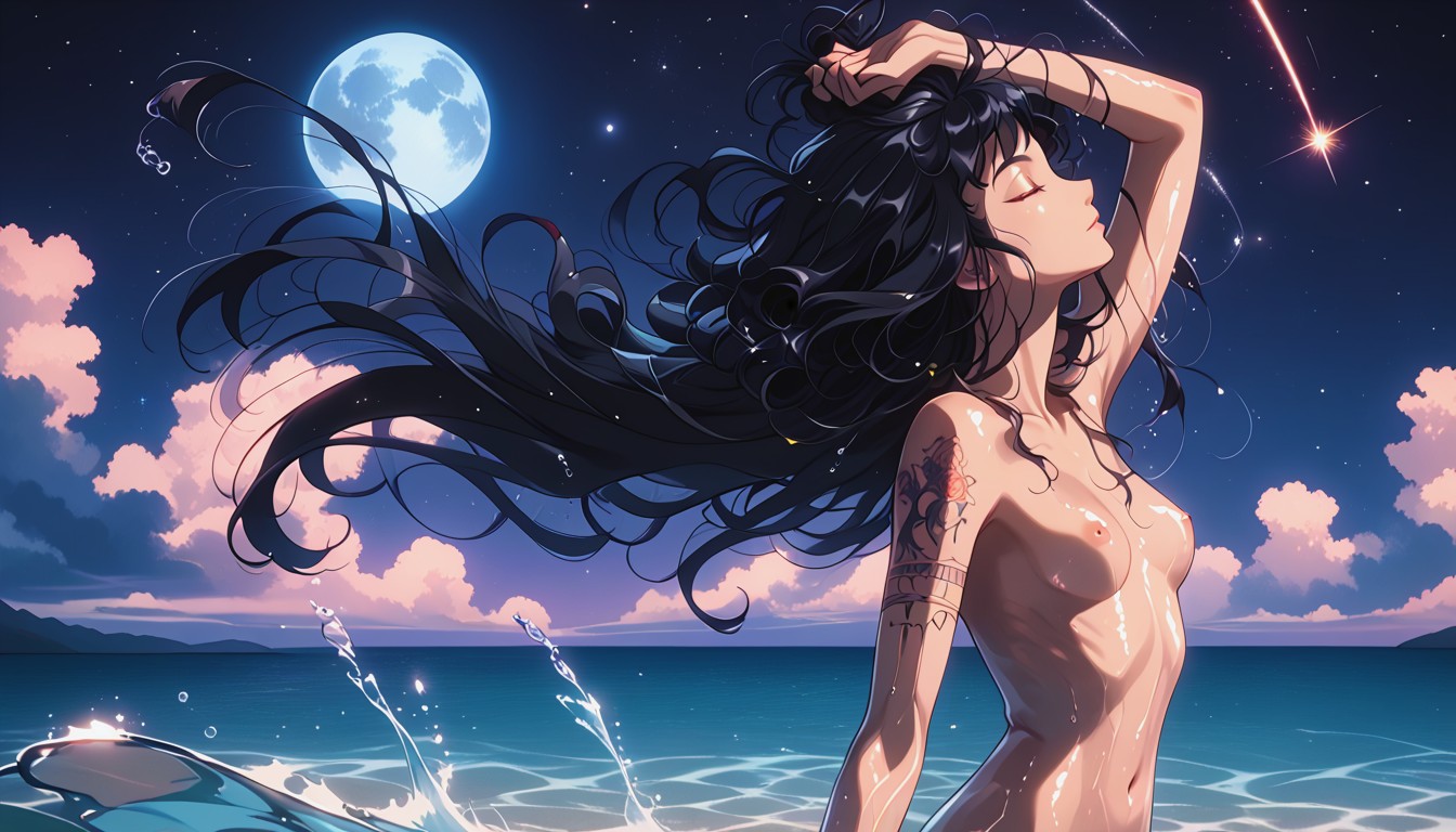 Moon Reflected In Water, Hair Tension, Flipping Hair Back Hentai AI Porn