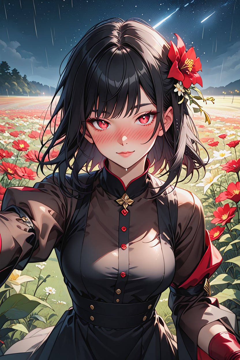 Full Face Blush, Natural Breasts, Dimly Lit Hentai AI Porn