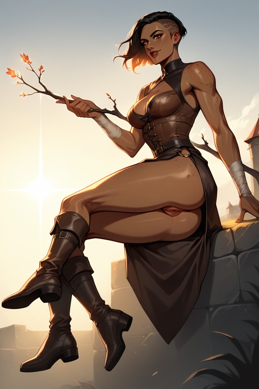 Beautiful Human Woman, Bend Over, Wearing A Dark Brown Leather Outfit AI Porn