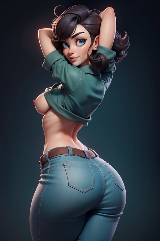 Green Military Shirt With Sleeves Rolled Up, Blue Eyes, Naked Massive Booty Hentai AI Porn