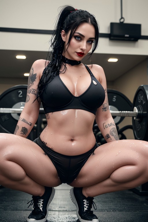 Body Covered In Numerous Big Tattoos, Wide Hips, Immense Wide Open Happy Eyes AI Porn