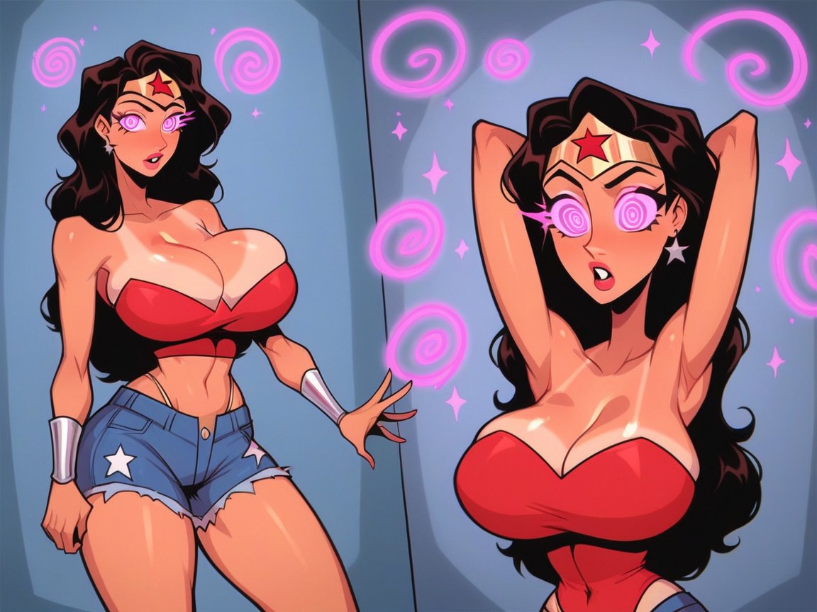 Thighs Exposed, Glowing Pink Eyes, Red Spandex Top Hentai AI Porn