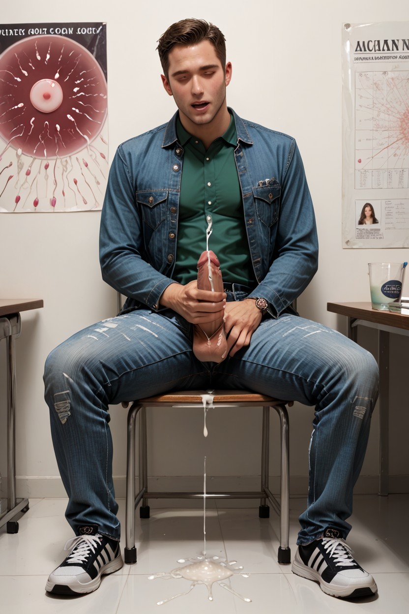 College, Green Polo Shirt Under Denim Jacket, Huge Dick AI Gay Porn