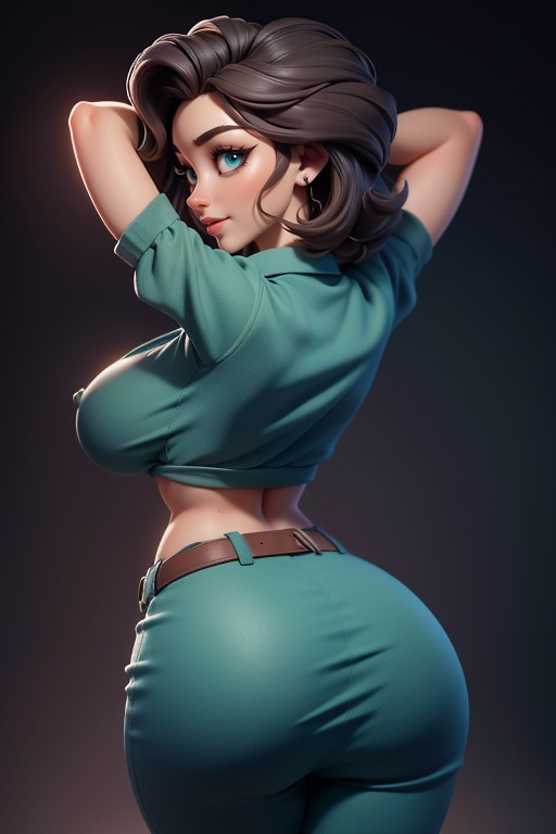 Sexy And Gorgeous Face, Extremely Dark Brown Hair, Open Military Shirt With Breasts And Nipples Exposed Hentai AI Porn
