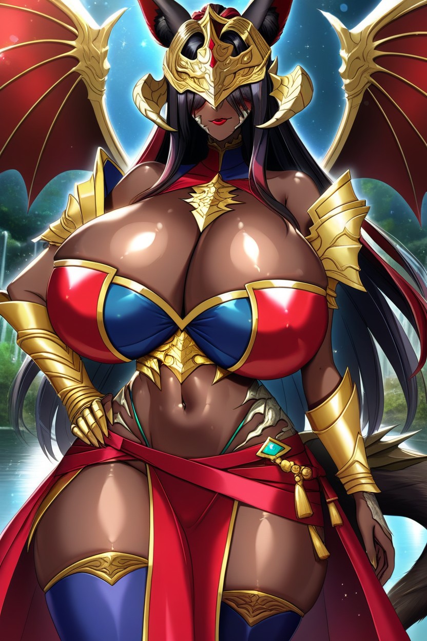 Red Lipstick, Black Hair With Red Highlights, Shoulder Armor Furry AI Porn
