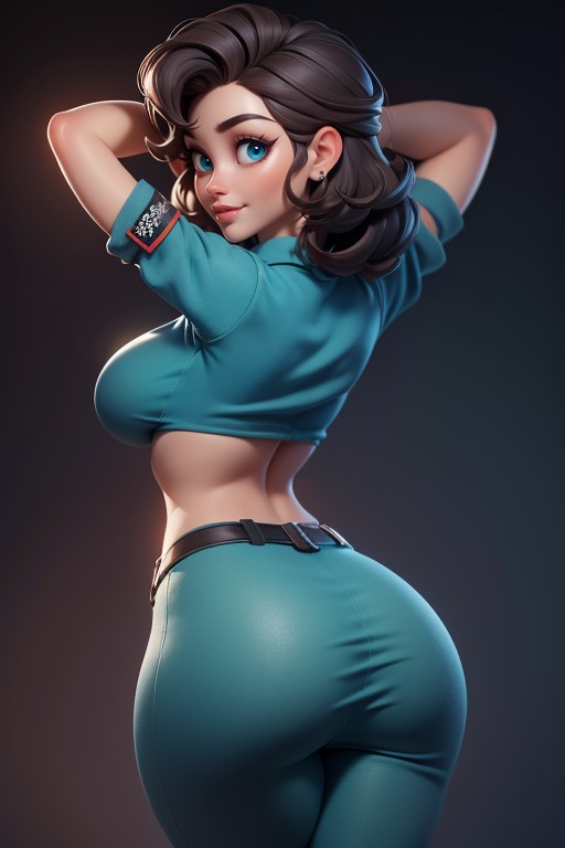 Brunette With Very Military Hair, Military Pixie Hairdo, Open Military Shirt With Breasts And Nipples Exposed Hentai AI Porn