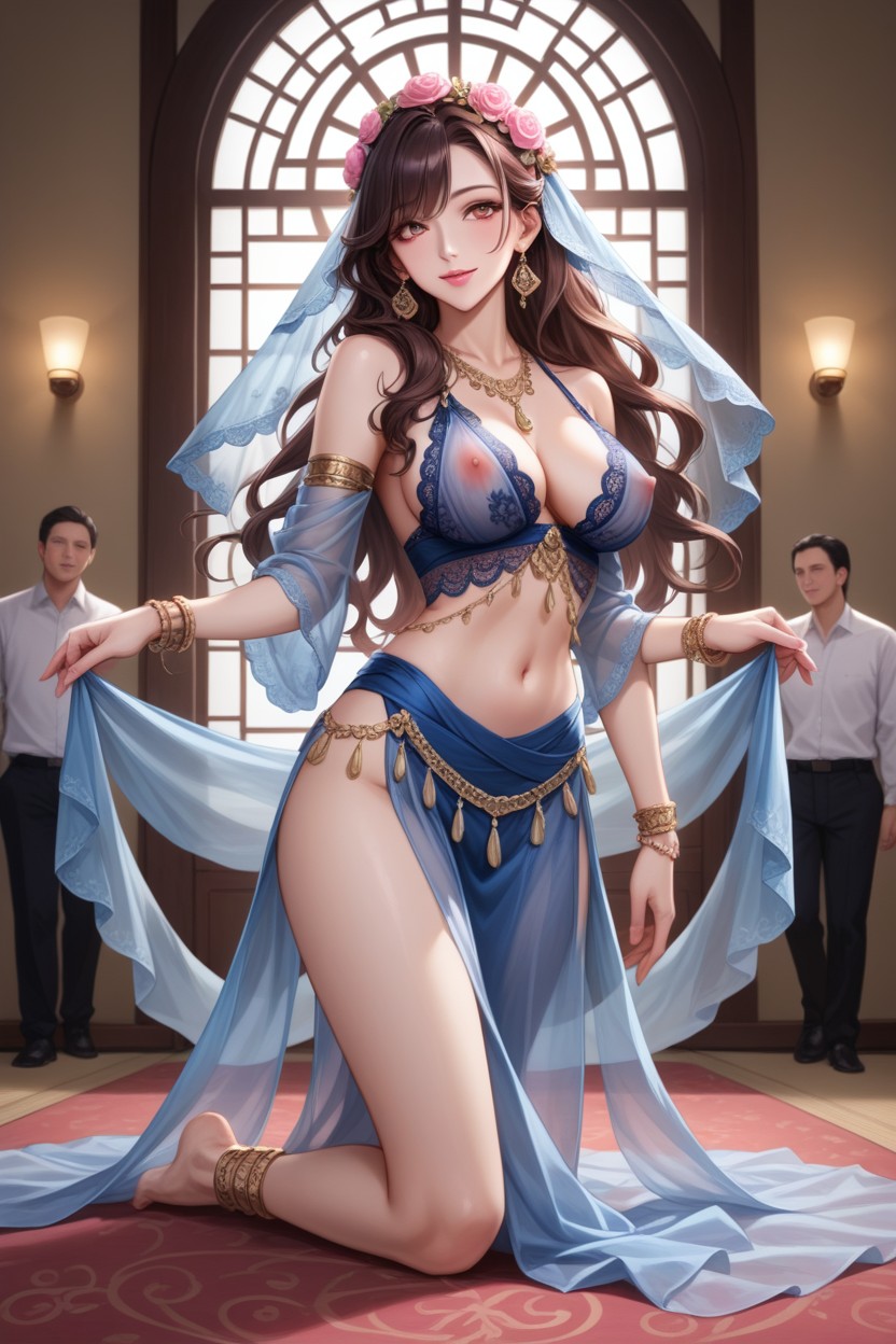Brown Hair, Many People Around, Transparent Blue Lace Thong AI Porn