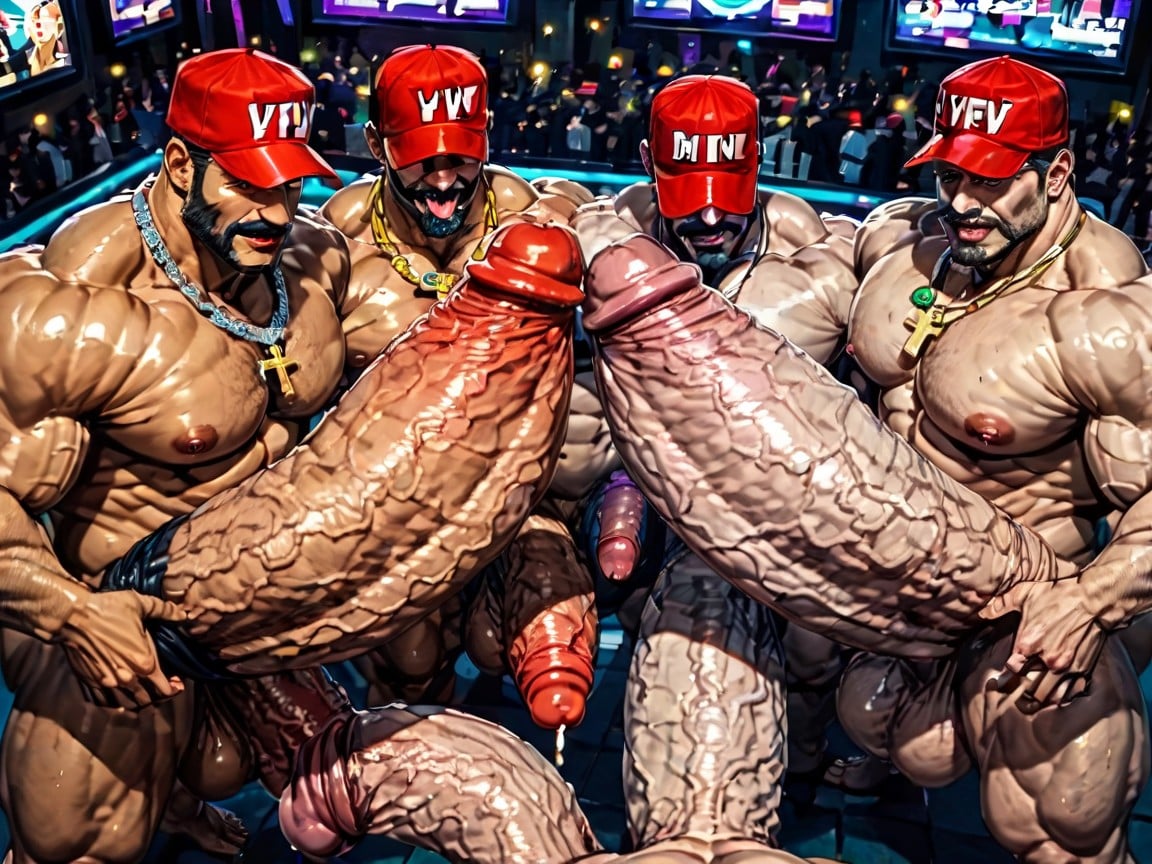 Hyper Bulky Tanned Skin, Huge Hyper Cocks Pushing Up Hyper Boobs, Tongue Out AI Gay Porn