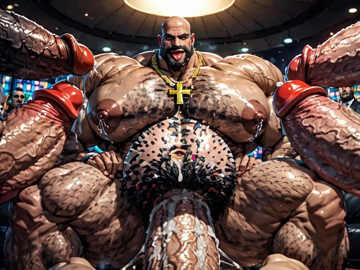 Huge Hyper Cocks Pushing Up Hyper Boobs, Top Down, Manbald AI Gay Porn
