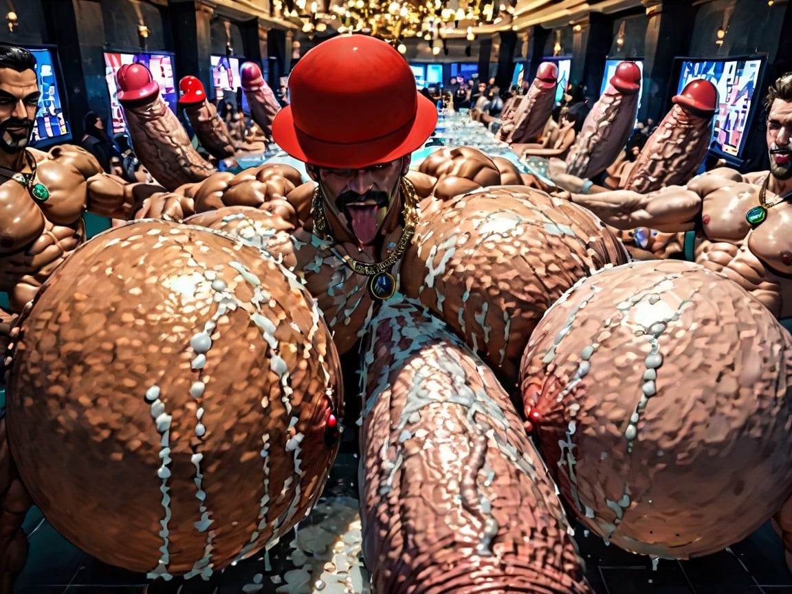 Many Huge Cocks In Mouth And Hyper Massive Ass, Oversized Muscles, Sweaty AI Gay Porn