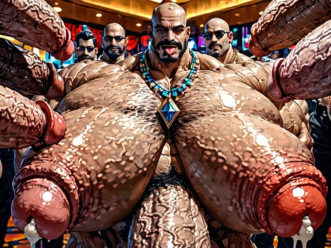 Rough Hyper Huge Cocks Everywhere On Him, Hyper Bulky Tanned Skin, Focus Under Boob AI Gay Porn