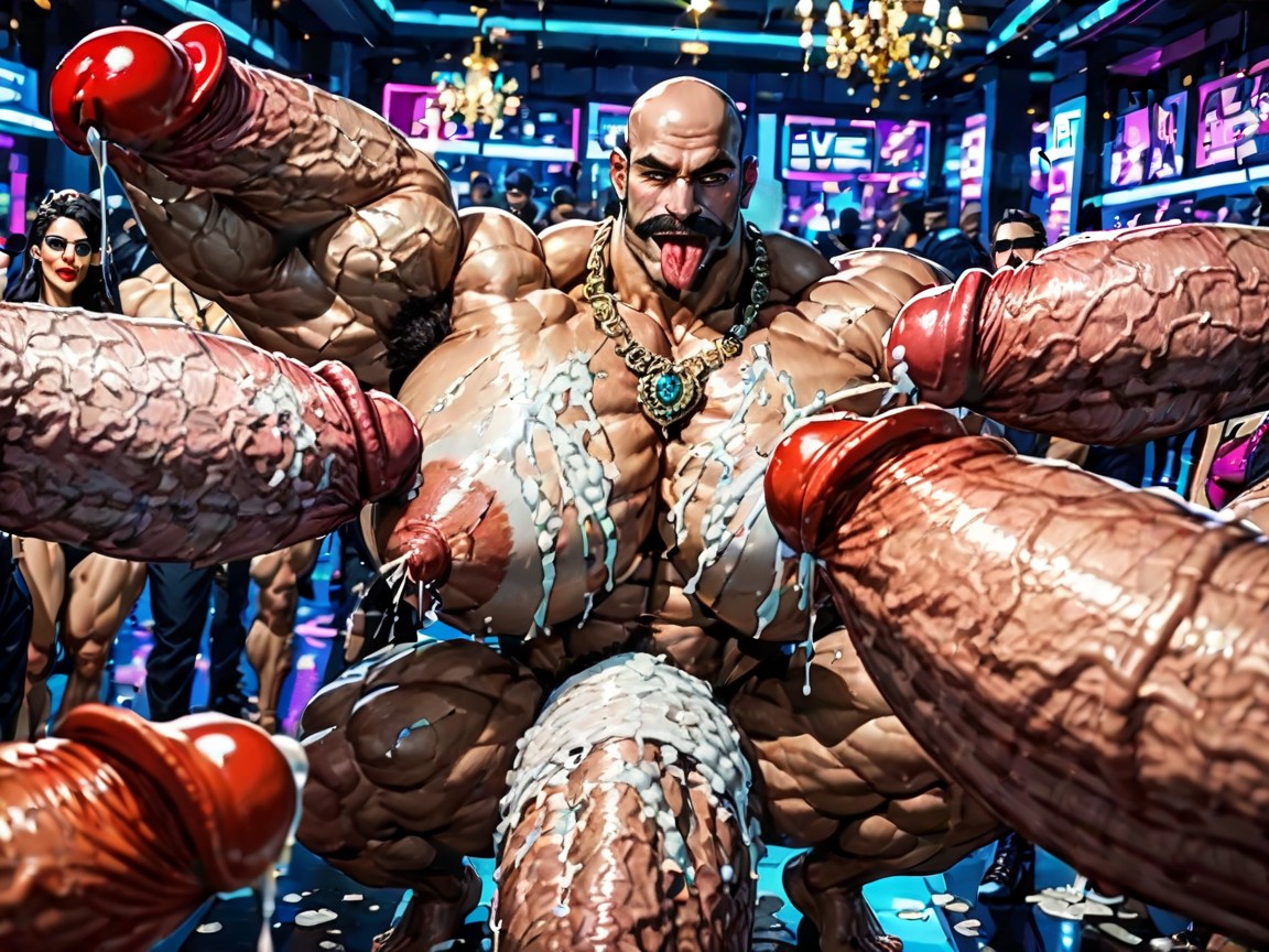 Both Boobs Getting Sucked Hard, Rough Hyper Huge Cocks Everywhere On Him, Side View AI Gay Porn