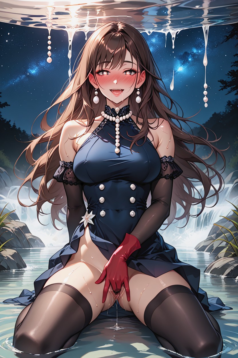 Saliva, Black Nylon Sleeves, Smiling Mouth Open Hentai AI Porn