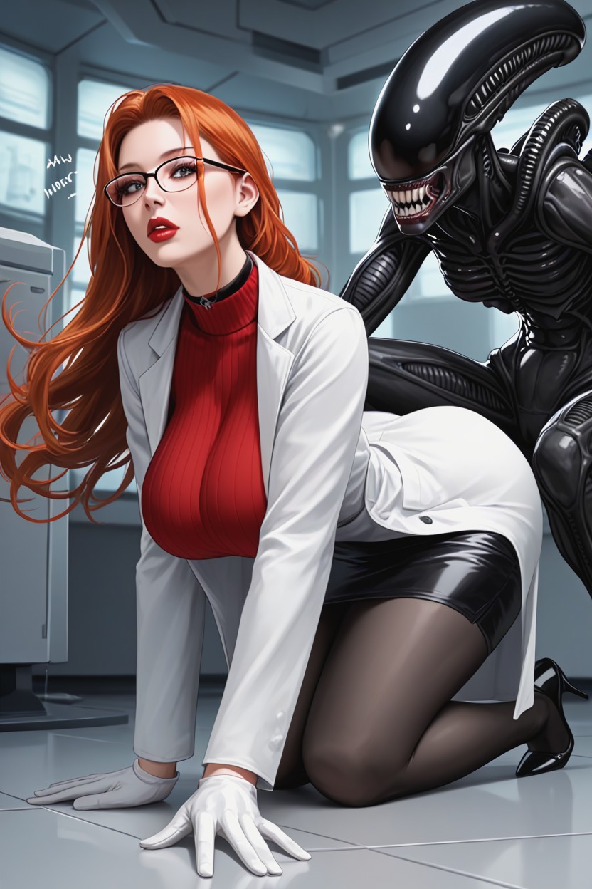 One Anime Woman, Xenomorph From Alien Movie, A Woman Is On All Fours On The Floor AI Porn