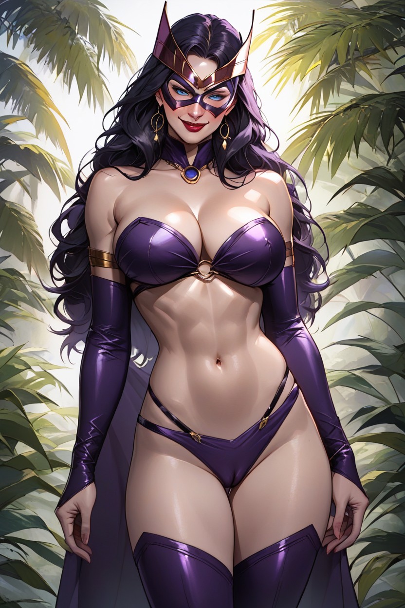 Black Hair, Wearing Purple Domino Eyemask, Cleavage Hentai AI Porn