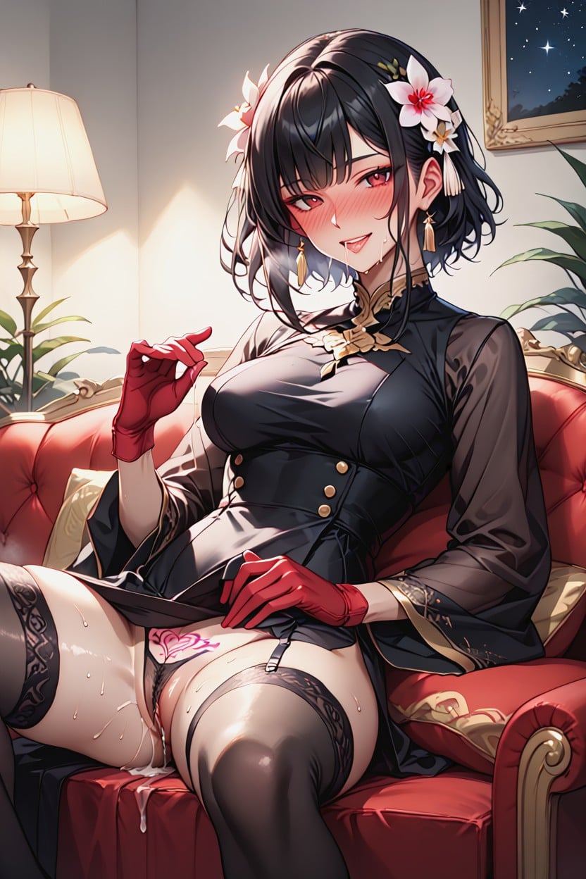 Crimson Eyes With Black Pupils, Japanese, Couch Hentai AI Porn