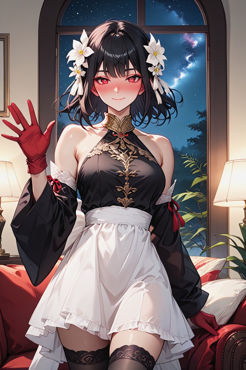 Medium Breasts, Black Nylon Dress, Oiled Skin Hentai AI Porn
