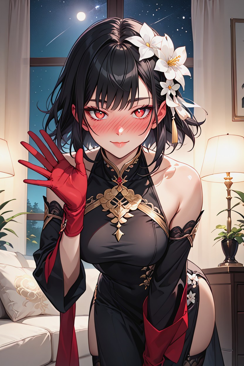 Natural Breasts, Starry Night, White Flower In Hair Hentai AI Porn