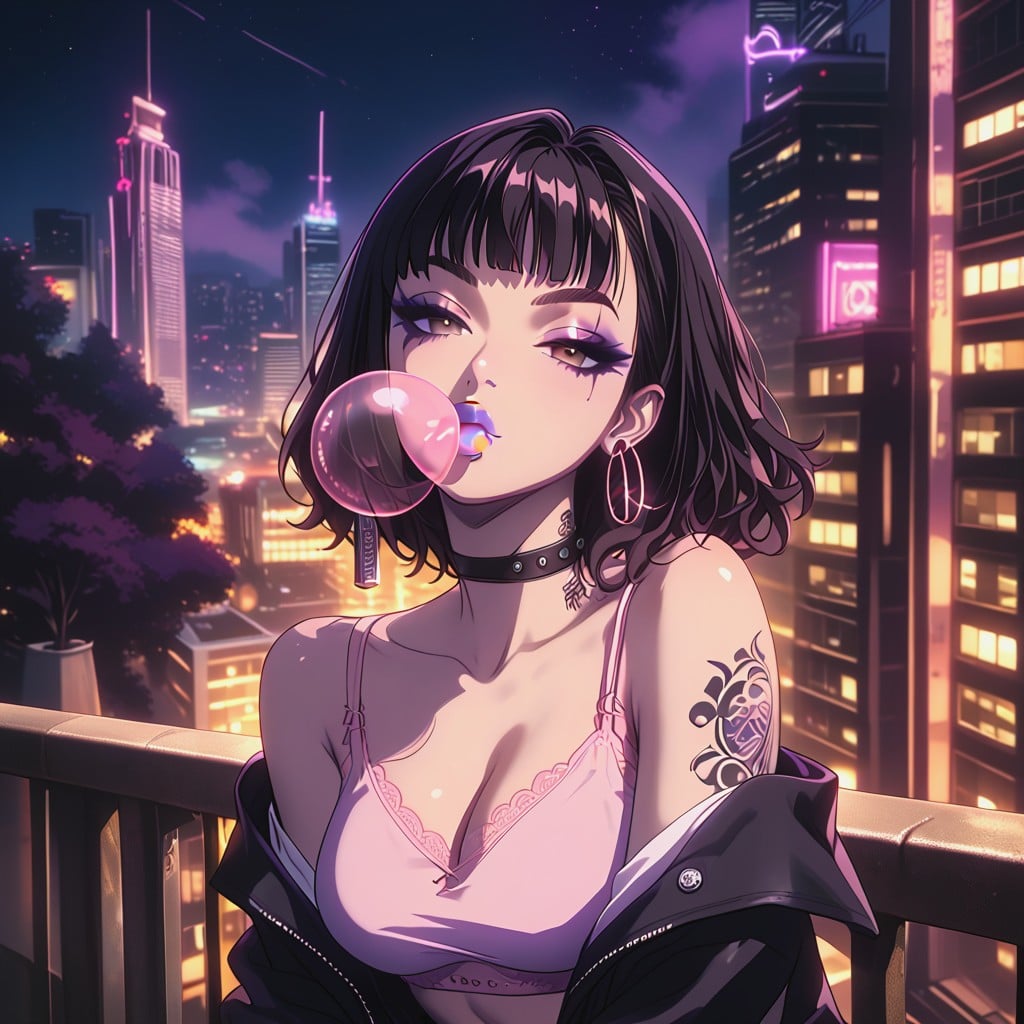 Leaning Back, Hoop Earrings, Blowing Bubblegum Hentai AI Porn