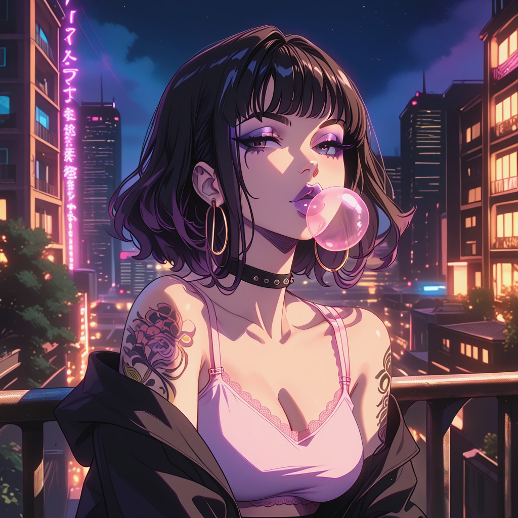 Black Jacket, Blowing Bubblegum, Dark Brown Eyes Hentai AI Porn