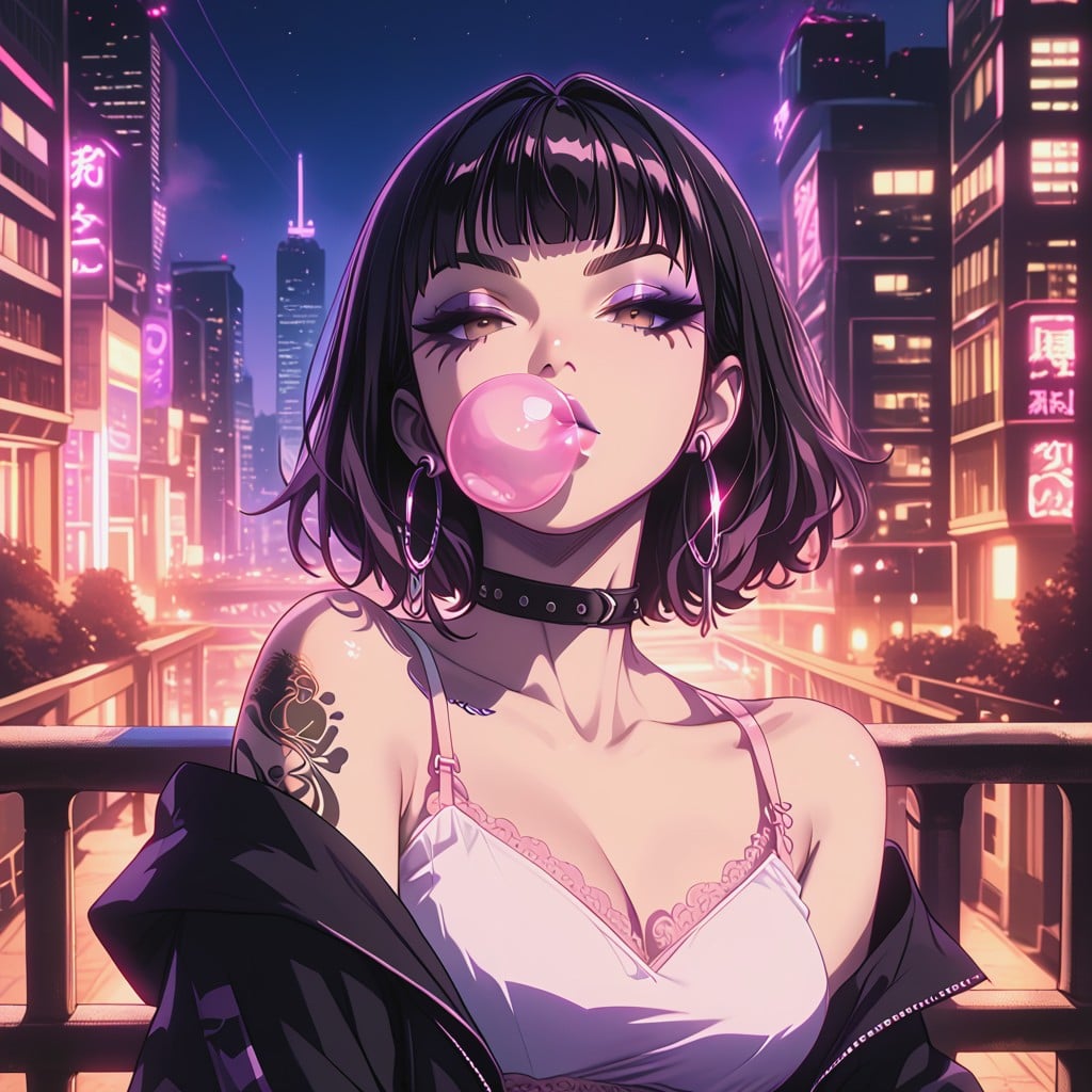 Neon Yellow Stripes, Pink Lacy Bra, Tattoos Hentai AI Porn