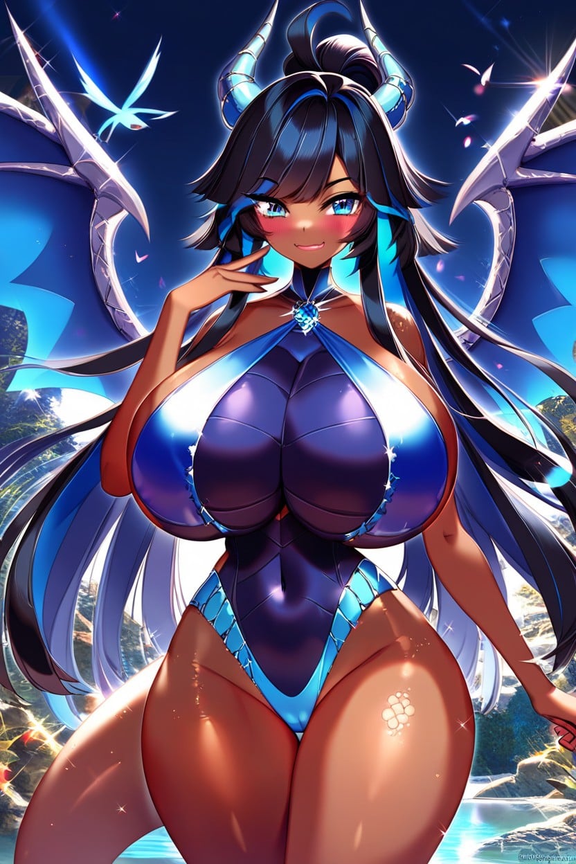 Front View, Blue Eyes, Blue Dragon Scales On Shoulders Furry AI Porn